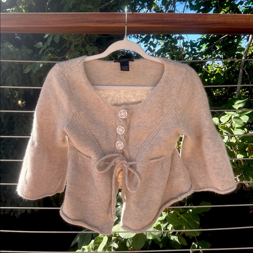 Sarah Spencer lamb and rabbit agora sweater bell 3/4 length sleeves tie waist